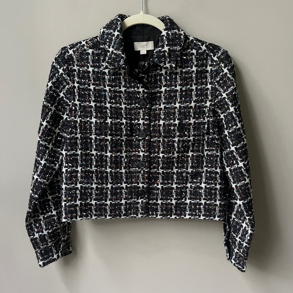 Loft Cropped Blazer Jacket Women's XXSP Black Tweed Plaid Sparkle Boxy Festive